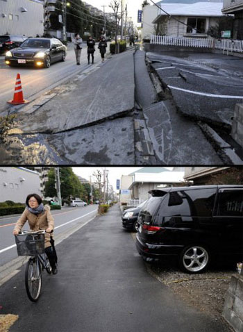 Cặp ảnh này thể hiện cùng một góc của thành phố Urayasu, tỉnh Chiba, vào ngày 11/3/2011 và 21/1/2012. Mặt đường rạn nứt đã được khắc phục và không thể tin động đất từng xảy ra nếu chỉ xem bức hình bên dưới.