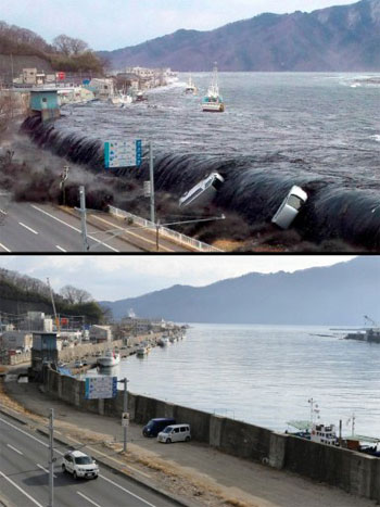 Cặp ảnh này cùng được chụp tại một vị trí ở thành phố Miyako. Hình ảnh phía trên được một quan chức Miyako chụp vào ngày 11/3/2011, khi đợt sóng thần tràn qua bờ đê và chảy vào thành phố thuộc tỉnh Iwate. Bức ảnh phía dưới được chụp ngày 16/1/2012 và cho thấy một khung cảnh thanh bình khác hẳn với cách đây gần một năm.