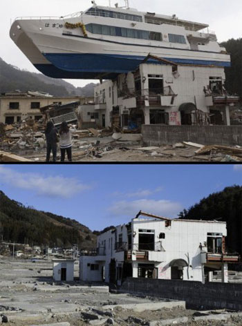 Bức ảnh phía trên được chụp ngày 16/4/2011, khắc họa hình ảnh một chiếc du thuyền bị sóng thần đánh vào bờ và mắc kẹt lại trên mái của một nhà nghỉ hai tầng tại Otsuchi, tỉnh Iwate