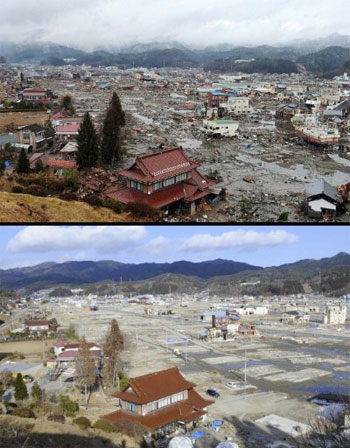 Cặp ảnh này được chụp ở cùng một khu dân cư xen giữa vùng đồi núi ở thành phố Kesennuma, tỉnh Miyagi. Bức ảnh phía trên chụp ngày 16/3/2011, trong khi bức ảnh phía dưới chụp ngày 14/1 vừa qua. 