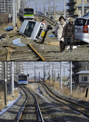 Bức ảnh bên trên được chụp vào ngày 13/3/2011, tức là hai ngày sau thảm họa kép. Một đoạn đường sắt ở thành phố Tagajo, tỉnh Miyagi, bị bóc lên, trong khi nhiều xe ôtô nằm ngổn ngang quanh đó