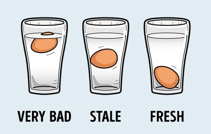 Trứng chìm hẳn xuống đáy cốc là trứng tươi, trứng lơ lửng giữa cốc là trứng vẫn còn dùng được và trứng nổi trên nước là trứng hỏng rồi nhé!